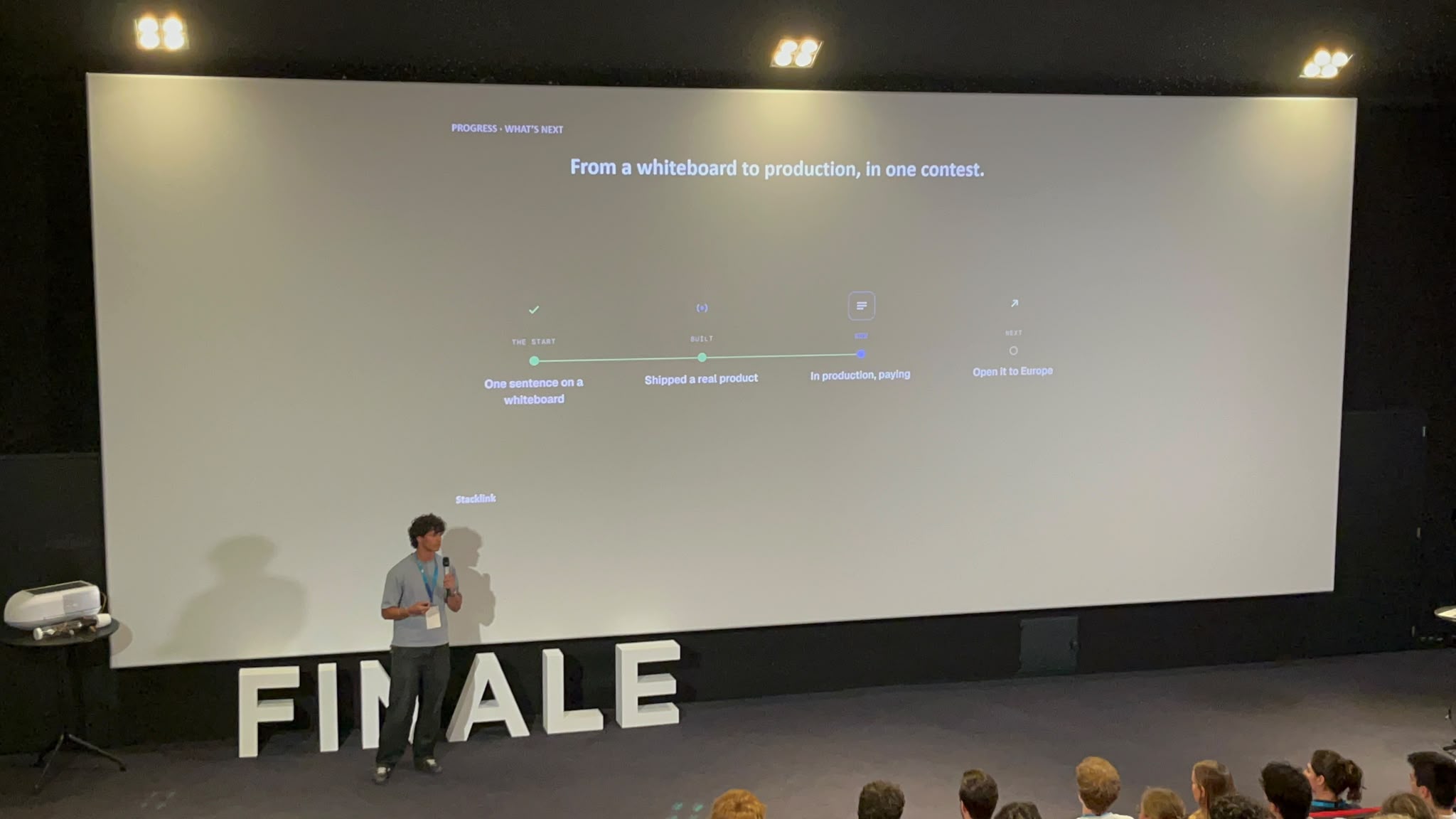 Lucas presenting Stacklink on stage at the TU/e Contest finals